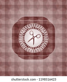 scissors icon inside red emblem or badge with geometric pattern background. Seamless.