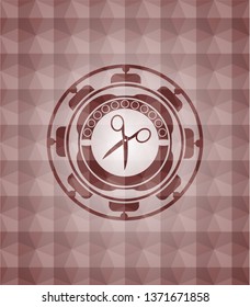 scissors icon inside red emblem with geometric pattern background. Seamless.