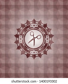 scissors icon inside red emblem or badge with geometric pattern background. Seamless.