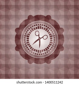 scissors icon inside red emblem with geometric pattern background. Seamless.