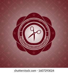 scissors icon inside red emblem. Vintage.