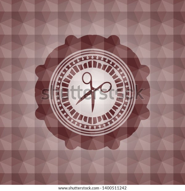 scissors icon inside red emblem with geometric\
pattern background.\
Seamless.