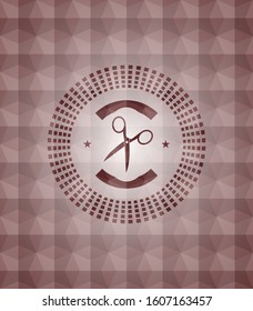 scissors icon inside red geometric emblem. Seamless.