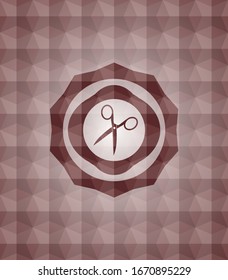 scissors icon inside red geometric pattern emblem. Seamless.