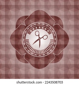 icono de tijeras dentro del emblema del patrón geométrico rojo. Sin inconveniente. 