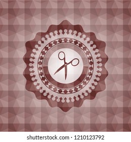 scissors icon inside red seamless polygonal badge.