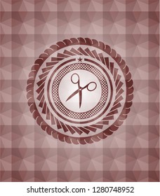 scissors icon inside red seamless badge with geometric background.
