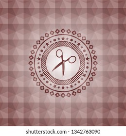 scissors icon inside red seamless geometric emblem.