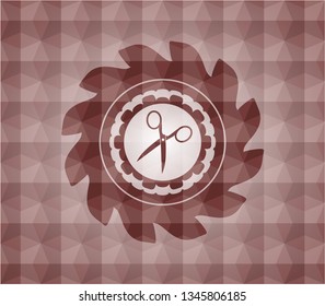 scissors icon inside red seamless emblem or badge with geometric pattern background.