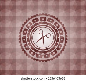 scissors icon inside red seamless geometric emblem.