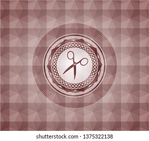 scissors icon inside red seamless geometric pattern emblem. Seamless.