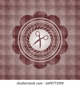 scissors icon inside red seamless badge with geometric pattern background.