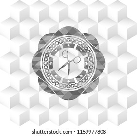 scissors icon inside retro style grey emblem with geometric cube white background