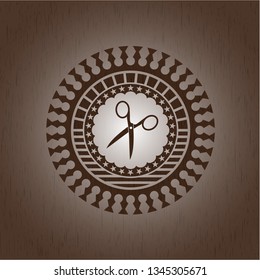 scissors icon inside retro style wooden emblem
