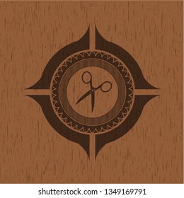 scissors icon inside retro style wood emblem