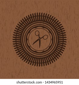 scissors icon inside retro style wood emblem