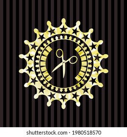 scissors icon inside shiny emblem. 