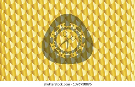 scissors icon inside shiny golden emblem. Scales pattern. Vector Illustration. Detailed.