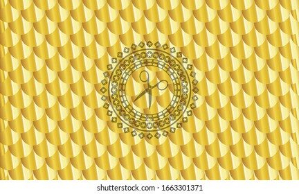 scissors icon inside shiny golden emblem. Scales pattern. Vector Illustration. Detailed.