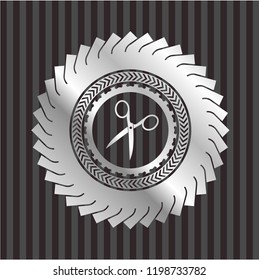 scissors icon inside silver badge