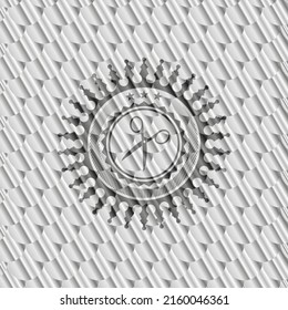 scissors icon inside silver badge. Scales pattern. Vector Illustration. Detailed. 