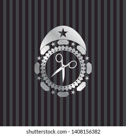 scissors icon inside silver emblem or badge