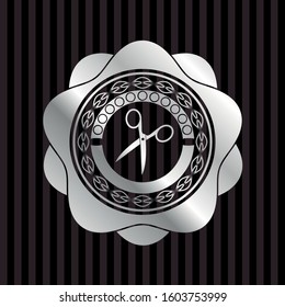 scissors icon inside silver shiny badge