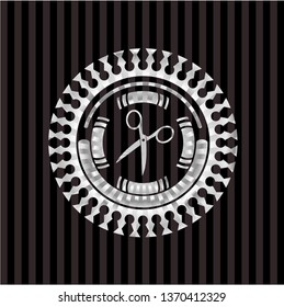 scissors icon inside silvery badge or emblem