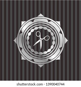 scissors icon inside silvery badge or emblem