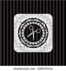 scissors icon inside silvery badge or emblem