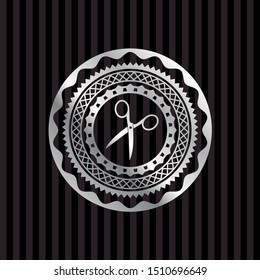 scissors icon inside silvery badge or emblem