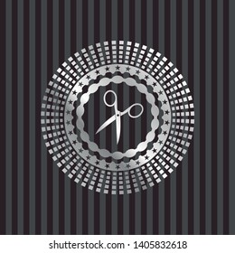 scissors icon inside silvery emblem