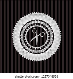 scissors icon inside silvery shiny badge