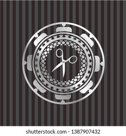 scissors icon inside silvery shiny emblem
