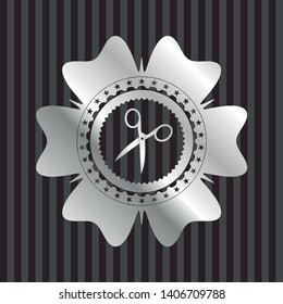 scissors icon inside silvery shiny emblem