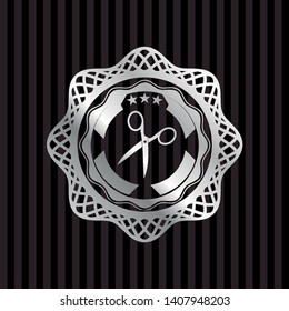 scissors icon inside silvery shiny badge