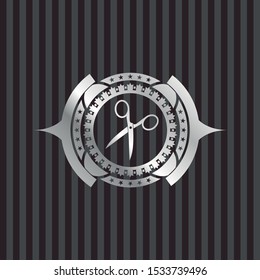 scissors icon inside silvery shiny emblem