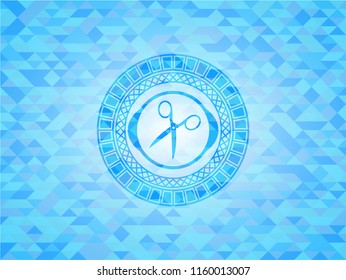 scissors icon inside sky blue emblem with mosaic background