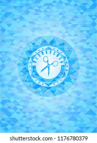 scissors icon inside sky blue emblem with triangle mosaic background