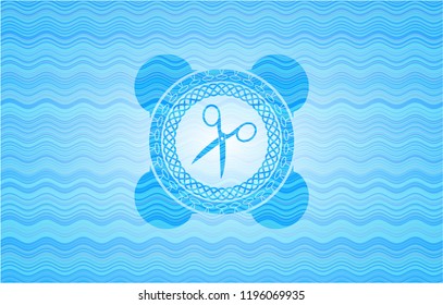 scissors icon inside sky blue water emblem background.