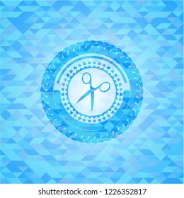 scissors icon inside sky blue emblem. Mosaic background