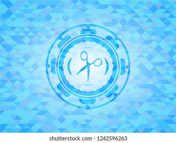 scissors icon inside sky blue emblem with mosaic ecological style background