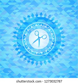 scissors icon inside sky blue emblem with triangle mosaic background