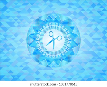 scissors icon inside sky blue emblem with triangle mosaic background