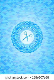scissors icon inside sky blue emblem with triangle mosaic background