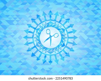 scissors icon inside sky blue emblem with triangle mosaic background. 