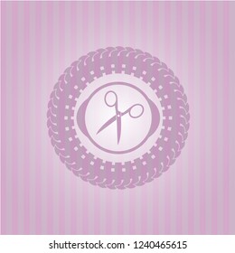 scissors icon inside vintage pink emblem