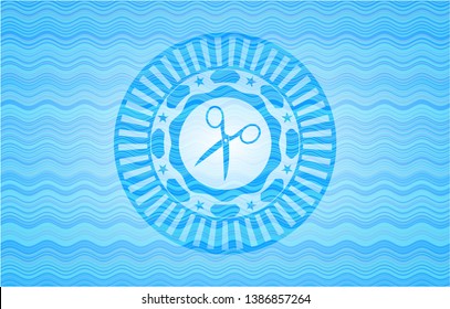 scissors icon inside water representation emblem background.
