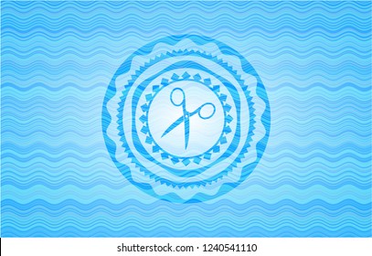 scissors icon inside water wave representation style badge.