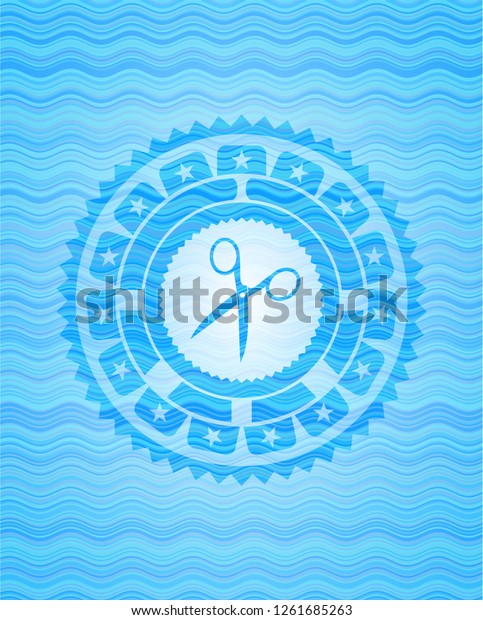 scissors icon inside water wave\
representation emblem\
background.